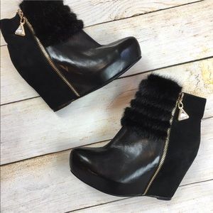 Black wedge booties leather suede & fur Sz 5.5/6